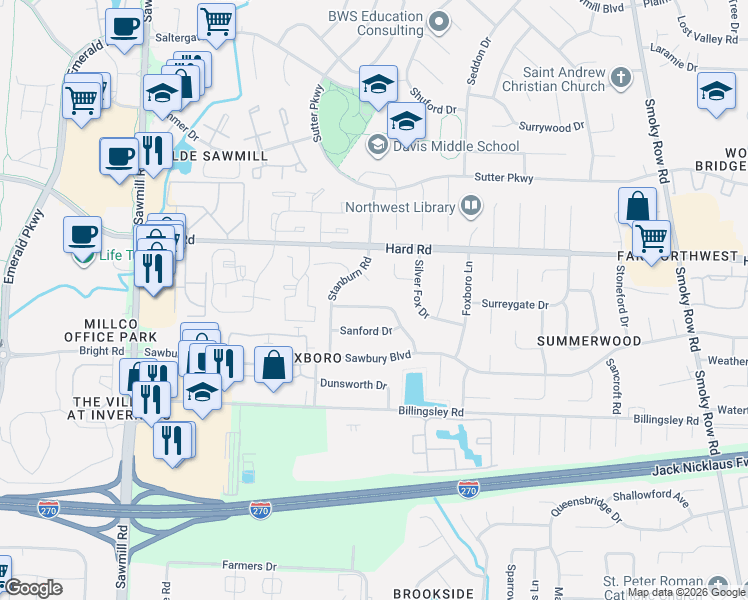map of restaurants, bars, coffee shops, grocery stores, and more near 2432 Sandstrom Drive in Columbus