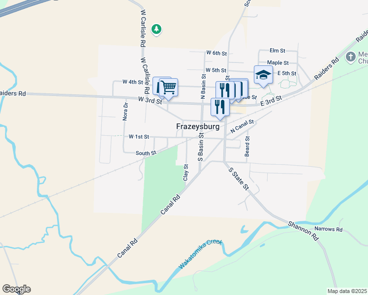 map of restaurants, bars, coffee shops, grocery stores, and more near 67 Clay Street in Frazeysburg