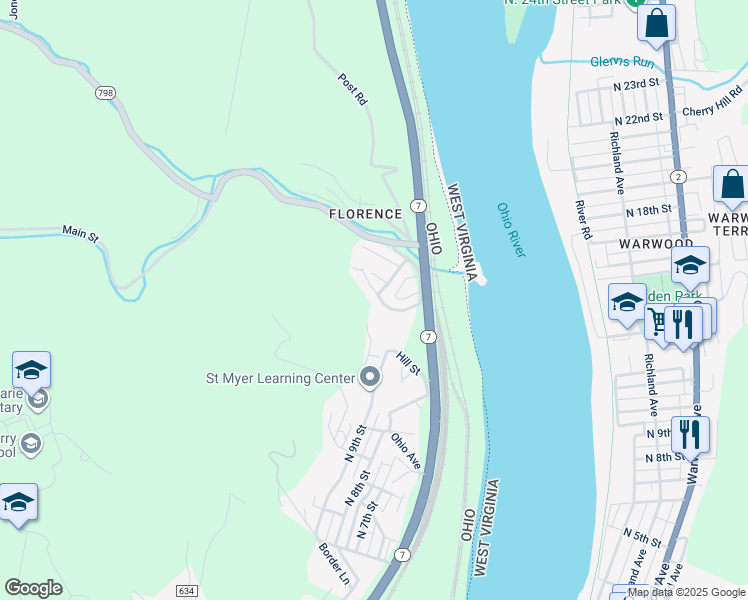map of restaurants, bars, coffee shops, grocery stores, and more near 625 Ivy Lane in Martins Ferry