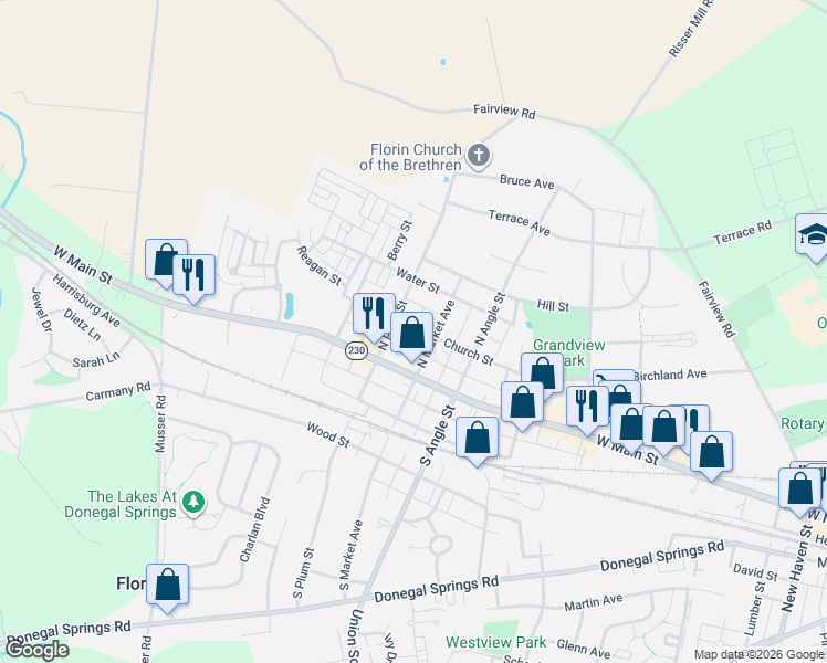 map of restaurants, bars, coffee shops, grocery stores, and more near 820 Church St in Mt Joy