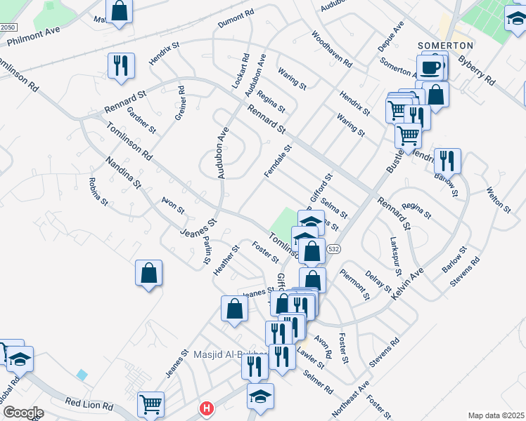 map of restaurants, bars, coffee shops, grocery stores, and more near 441 Tomlinson Road in Philadelphia