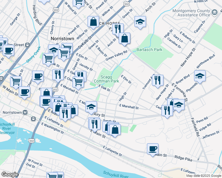 map of restaurants, bars, coffee shops, grocery stores, and more near 807 Violet Street in Norristown