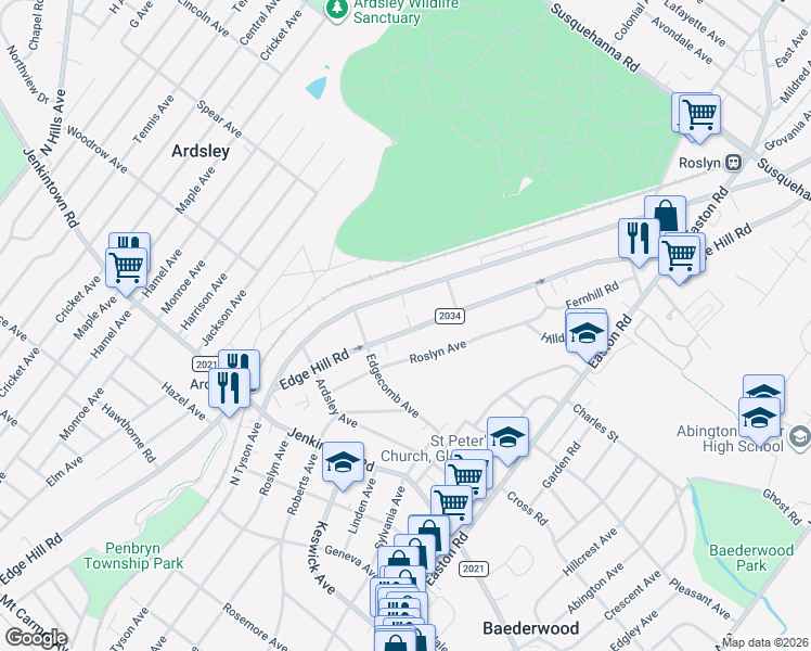 map of restaurants, bars, coffee shops, grocery stores, and more near 684 Edge Hill Road in Glenside