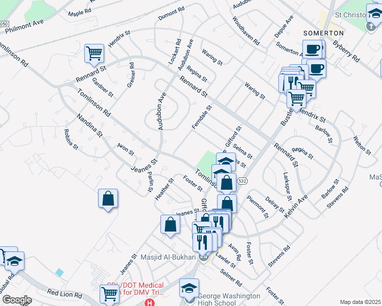 map of restaurants, bars, coffee shops, grocery stores, and more near 441 Tomlinson Road in Philadelphia