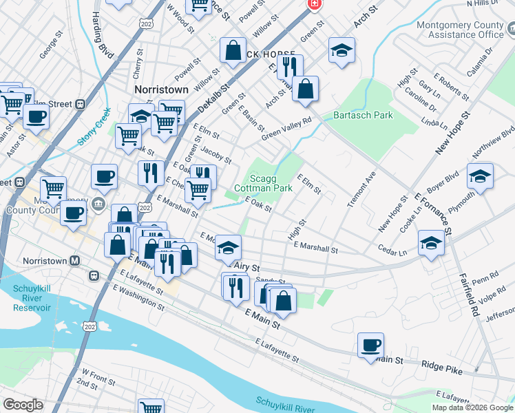 map of restaurants, bars, coffee shops, grocery stores, and more near 400 East Oak Street in Norristown