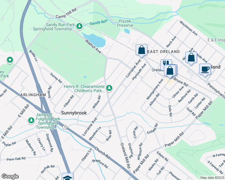 map of restaurants, bars, coffee shops, grocery stores, and more near 315 Lorraine Avenue in Oreland