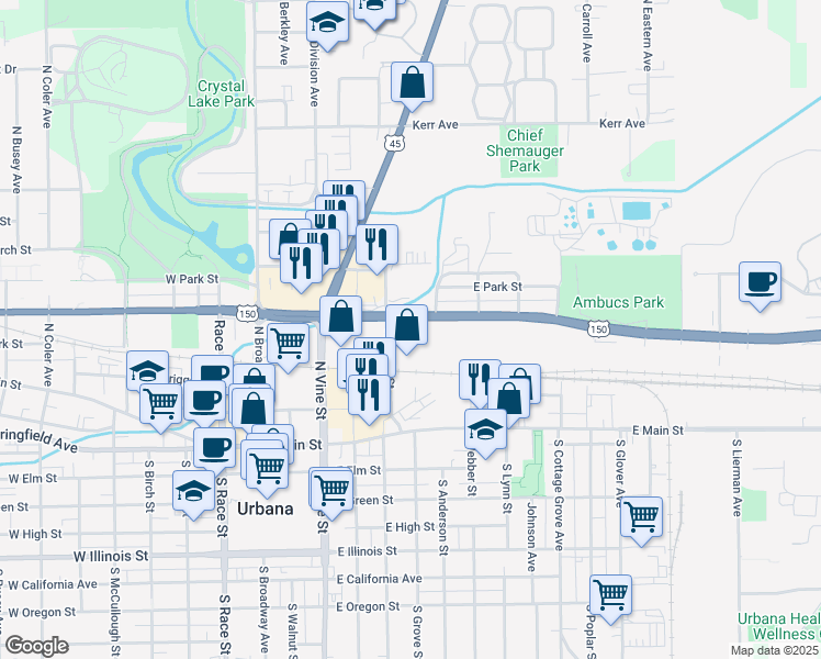map of restaurants, bars, coffee shops, grocery stores, and more near 601 East University Avenue in Urbana