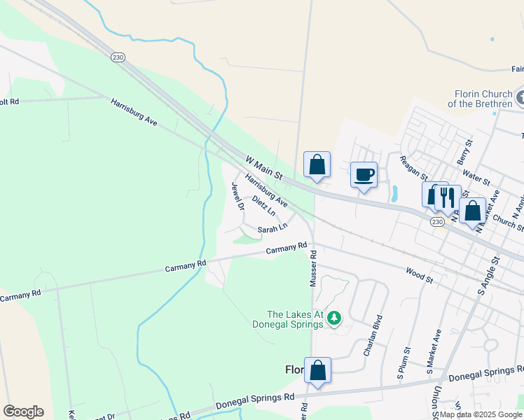 map of restaurants, bars, coffee shops, grocery stores, and more near 22 Dietz Lane in Mount Joy
