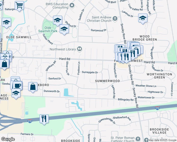 map of restaurants, bars, coffee shops, grocery stores, and more near 7623 Smoketree Ct in Columbus