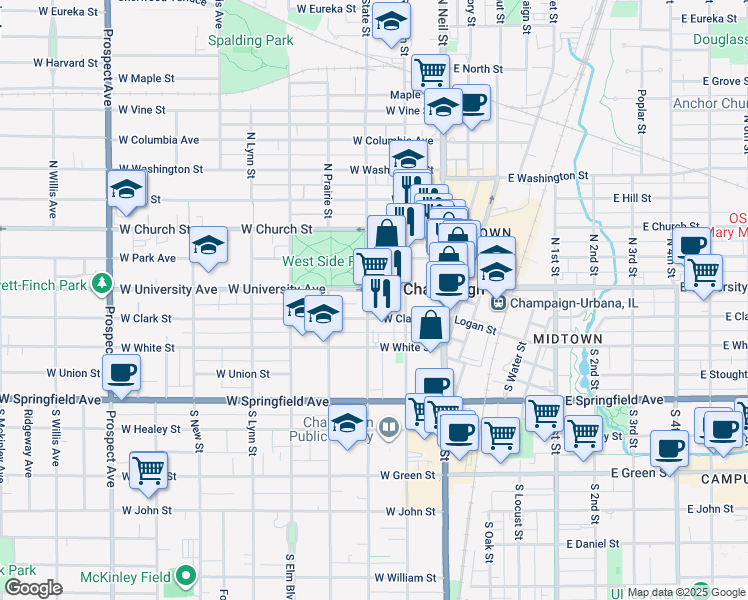 map of restaurants, bars, coffee shops, grocery stores, and more near 211 West University Avenue in Champaign