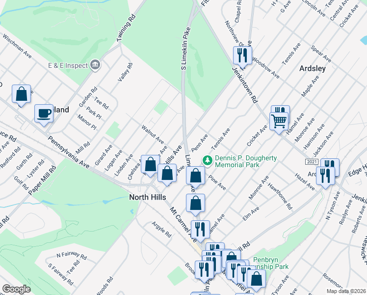 map of restaurants, bars, coffee shops, grocery stores, and more near 3030 Limekiln Pike in Glenside