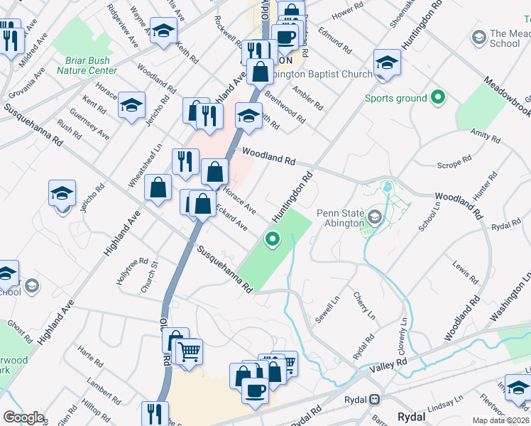 map of restaurants, bars, coffee shops, grocery stores, and more near 1212 Huntingdon Road in Abington