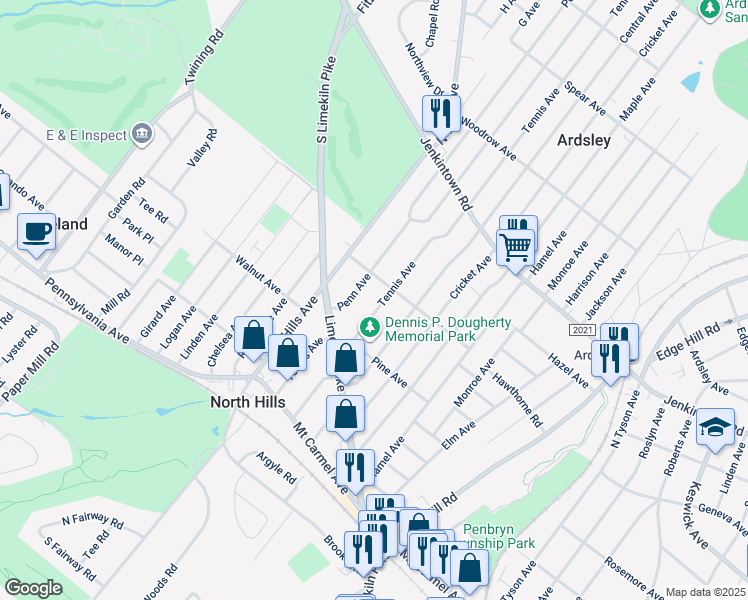 map of restaurants, bars, coffee shops, grocery stores, and more near 346 Tennis Avenue in Glenside