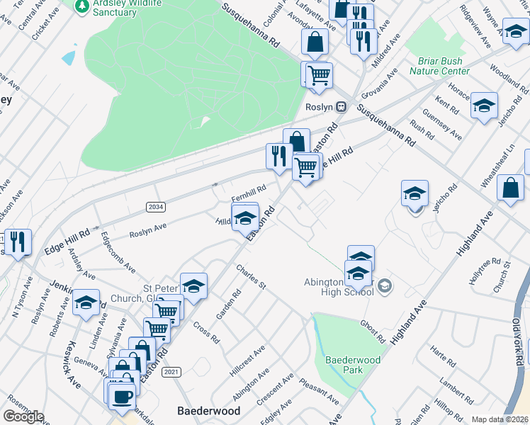 map of restaurants, bars, coffee shops, grocery stores, and more near 871 Easton Road in Glenside