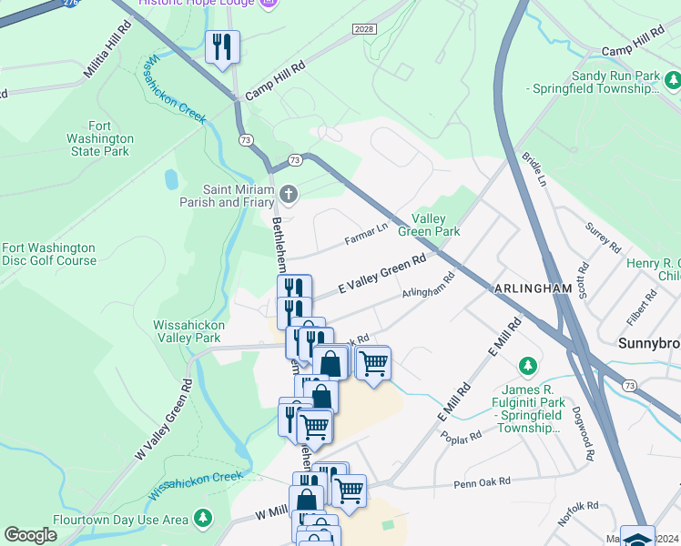 map of restaurants, bars, coffee shops, grocery stores, and more near 6317 East Valley Green Road in Flourtown