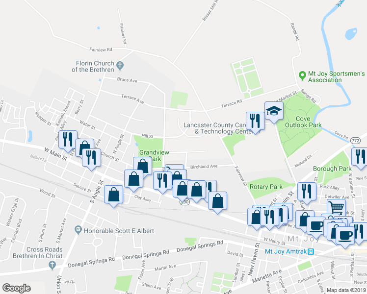 map of restaurants, bars, coffee shops, grocery stores, and more near 405 Deerfield Drive in Mount Joy