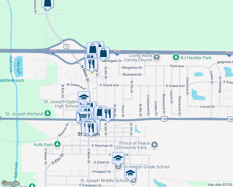 map of restaurants, bars, coffee shops, grocery stores, and more near 508 North 5th Street in Saint Joseph