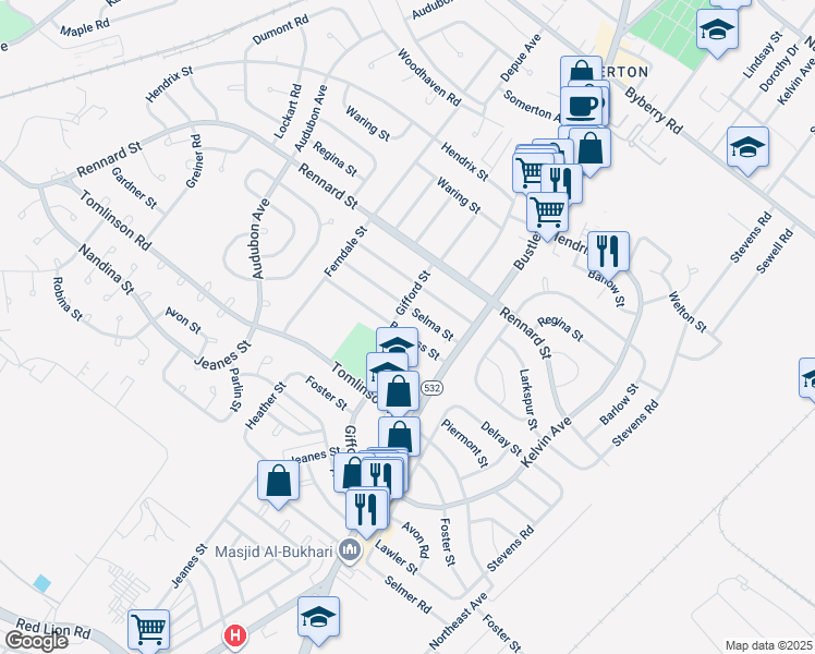 map of restaurants, bars, coffee shops, grocery stores, and more near 547 Burgess Street in Philadelphia