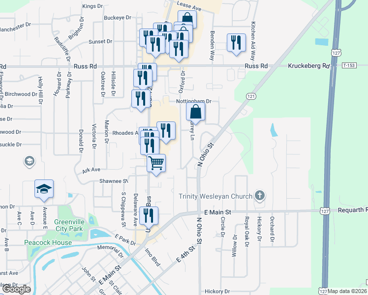 map of restaurants, bars, coffee shops, grocery stores, and more near 113 Oxford Drive in Greenville
