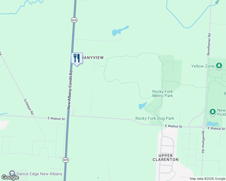 map of restaurants, bars, coffee shops, grocery stores, and more near 6926 East Walnut Street in New Albany