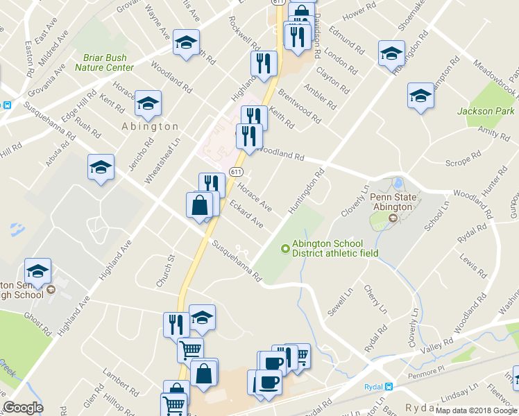 map of restaurants, bars, coffee shops, grocery stores, and more near 1836 Horace Avenue in Abington