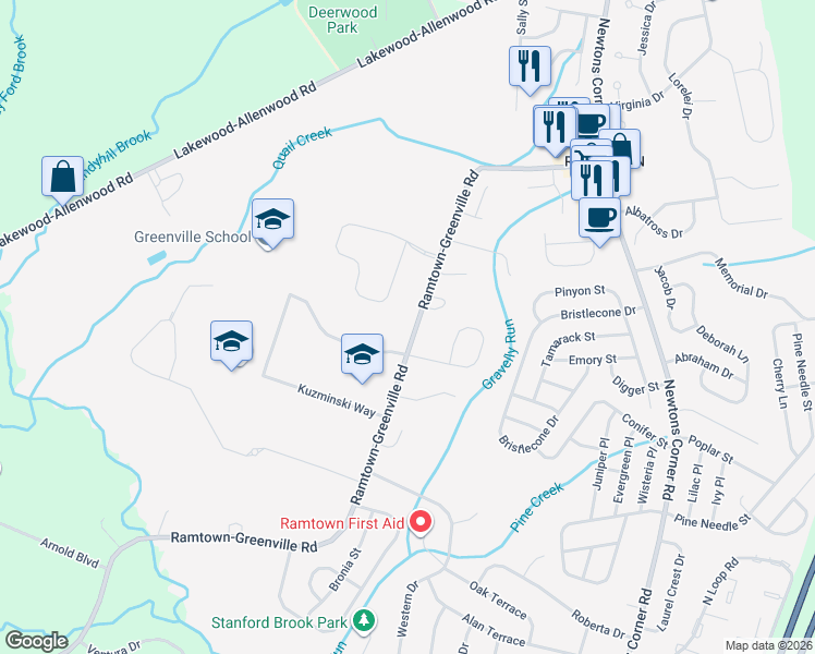 map of restaurants, bars, coffee shops, grocery stores, and more near 190 Ramtown-Greenville Road in Howell Township