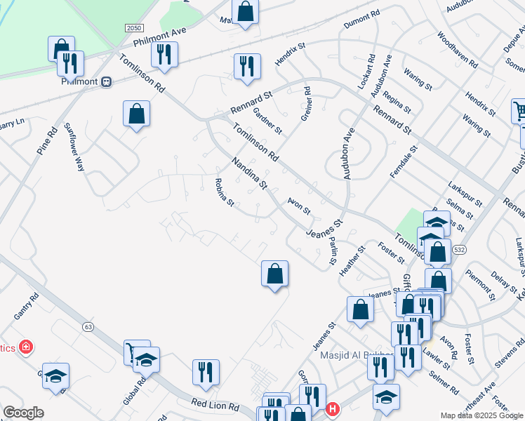map of restaurants, bars, coffee shops, grocery stores, and more near 287 Ridgeway Terrace in Philadelphia