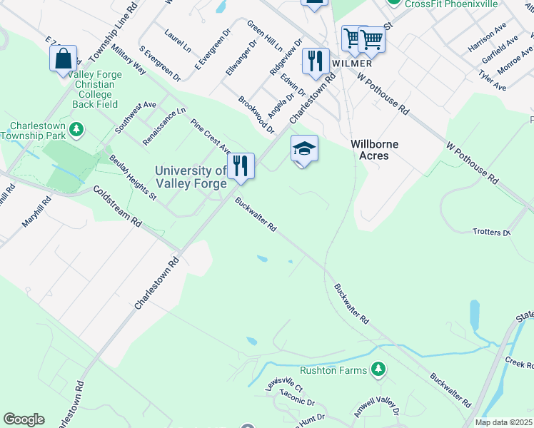map of restaurants, bars, coffee shops, grocery stores, and more near 316 Buckwalter Road in Phoenixville