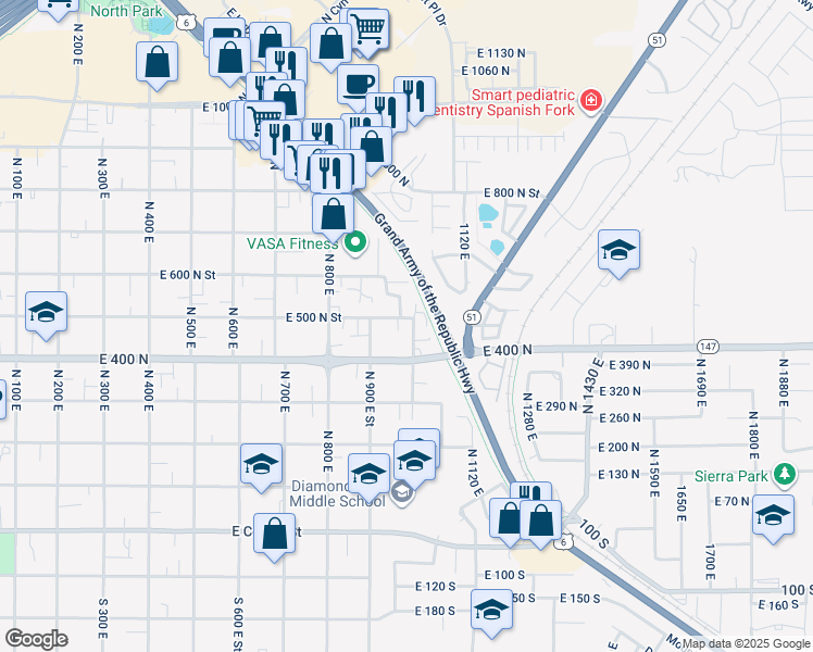 map of restaurants, bars, coffee shops, grocery stores, and more near 491 North 1000 East Street in Spanish Fork