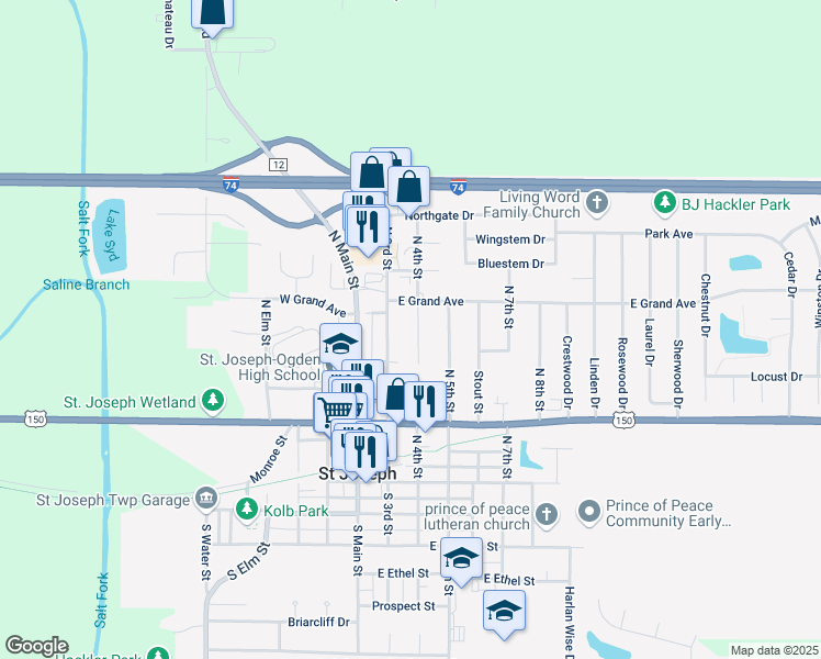 map of restaurants, bars, coffee shops, grocery stores, and more near 509 North 4th Street in Saint Joseph