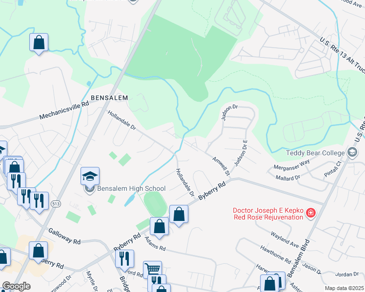 map of restaurants, bars, coffee shops, grocery stores, and more near 1638 Horace Court in Bensalem