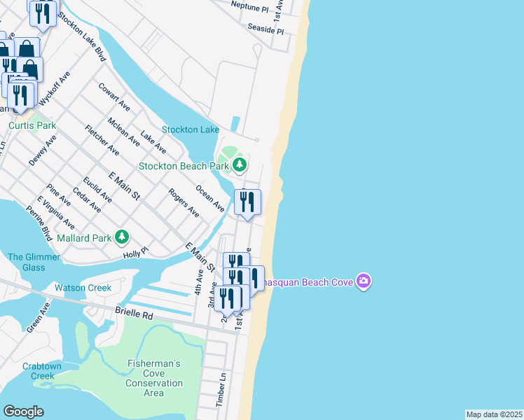 map of restaurants, bars, coffee shops, grocery stores, and more near 76 1st Avenue in Manasquan
