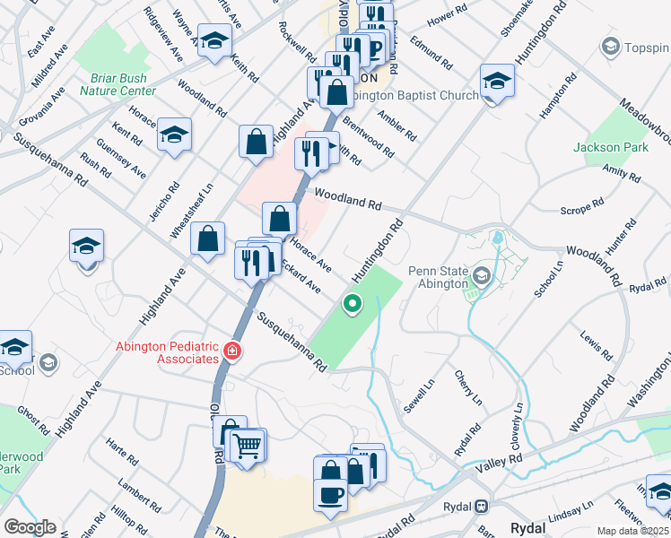 map of restaurants, bars, coffee shops, grocery stores, and more near 1823 Horace Avenue in Abington