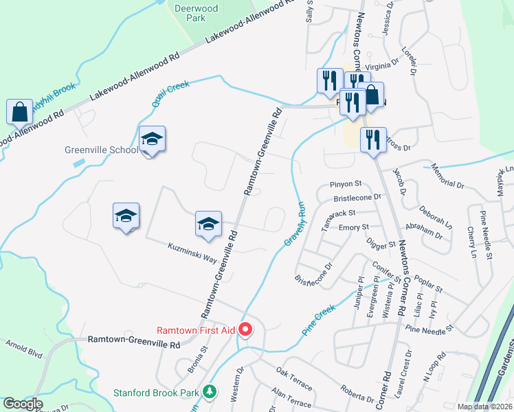 map of restaurants, bars, coffee shops, grocery stores, and more near 190 Ramtown-Greenville Road in Howell Township