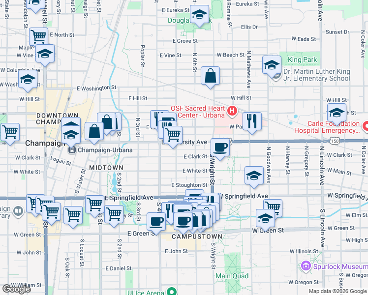 map of restaurants, bars, coffee shops, grocery stores, and more near 503 East University Avenue in Champaign