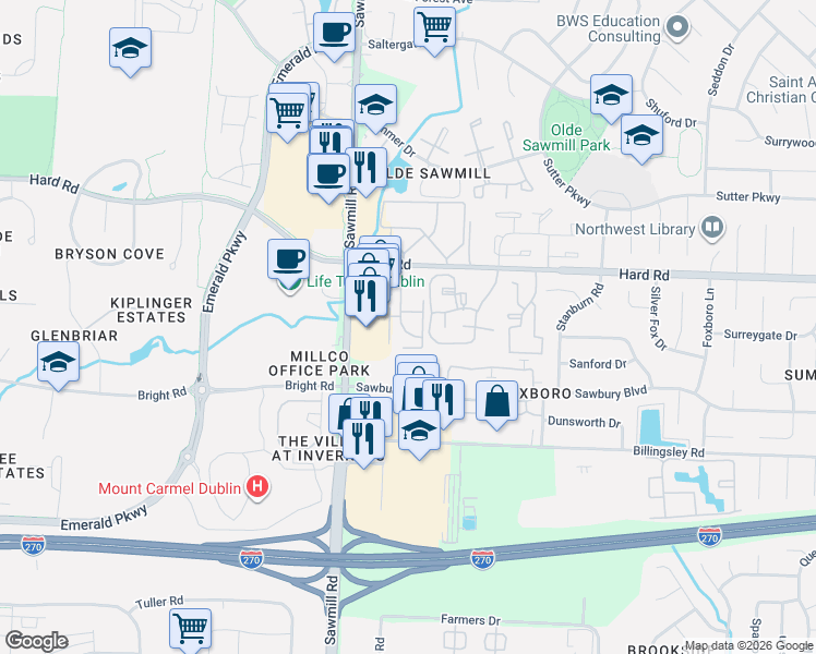 map of restaurants, bars, coffee shops, grocery stores, and more near 7864 Meadowhaven Boulevard in Columbus