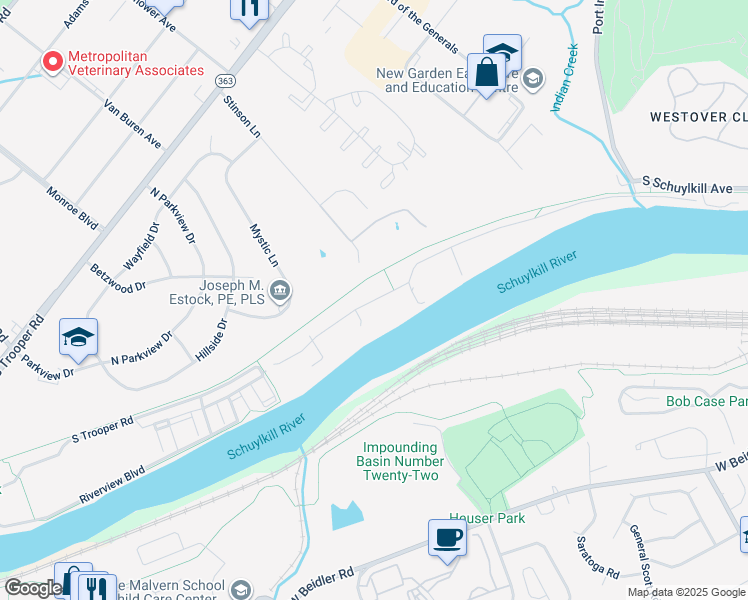map of restaurants, bars, coffee shops, grocery stores, and more near 66 West Indian Lane in Norristown