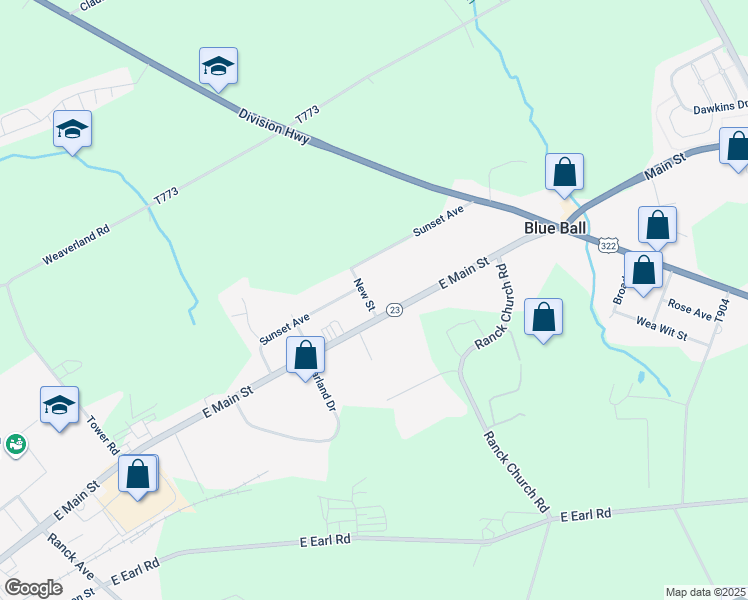 map of restaurants, bars, coffee shops, grocery stores, and more near 106 New Street in East Earl
