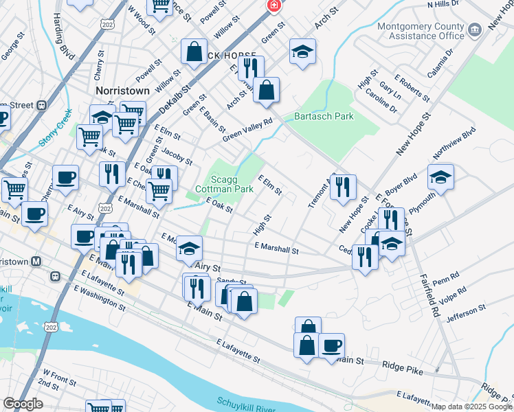 map of restaurants, bars, coffee shops, grocery stores, and more near 507 Thomas Circle in Norristown
