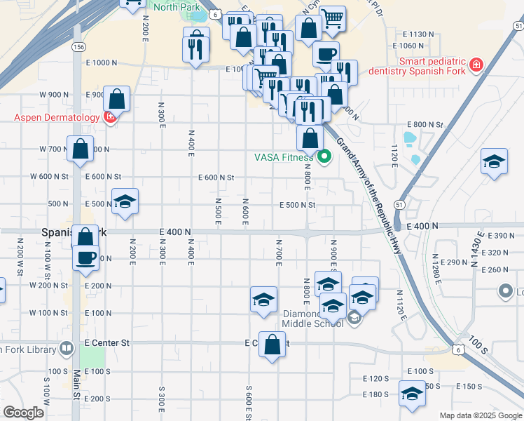 map of restaurants, bars, coffee shops, grocery stores, and more near 666 East 500 North in Spanish Fork