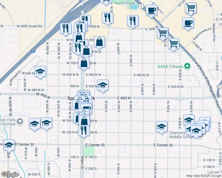 map of restaurants, bars, coffee shops, grocery stores, and more near 490 North 200 East in Spanish Fork