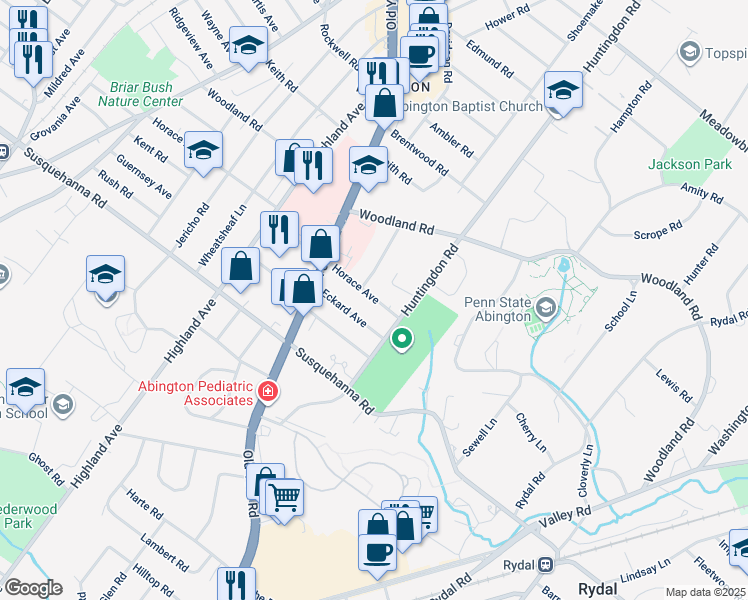 map of restaurants, bars, coffee shops, grocery stores, and more near 1836 Horace Avenue in Abington
