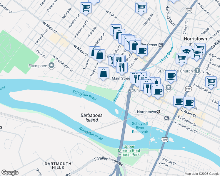 map of restaurants, bars, coffee shops, grocery stores, and more near 102 Chain Street in Norristown