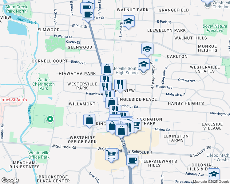 map of restaurants, bars, coffee shops, grocery stores, and more near Hillcrest Drive in Westerville