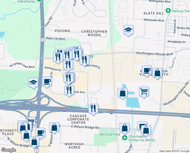 map of restaurants, bars, coffee shops, grocery stores, and more near 7575 Huntington Park Dr in Columbus