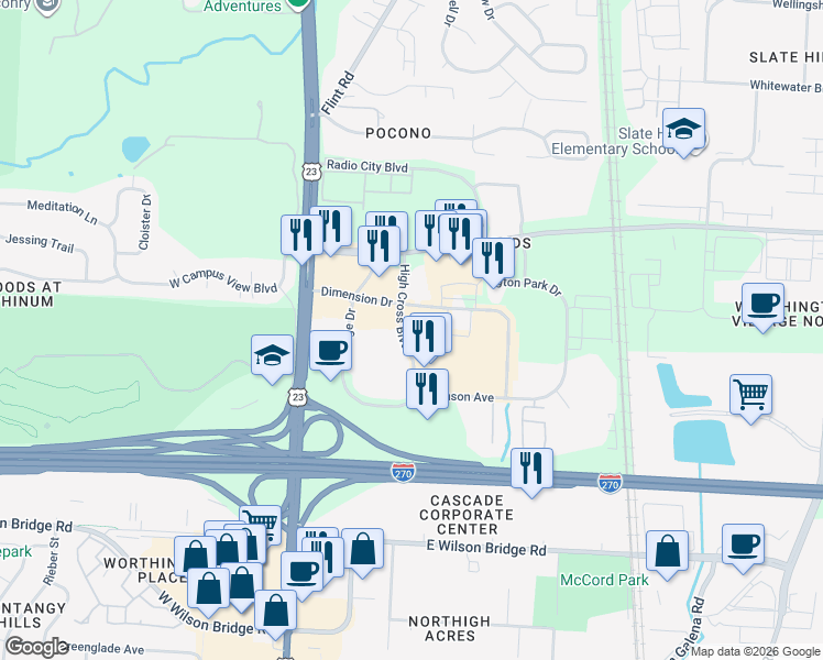map of restaurants, bars, coffee shops, grocery stores, and more near 7493 High Cross Boulevard in Columbus