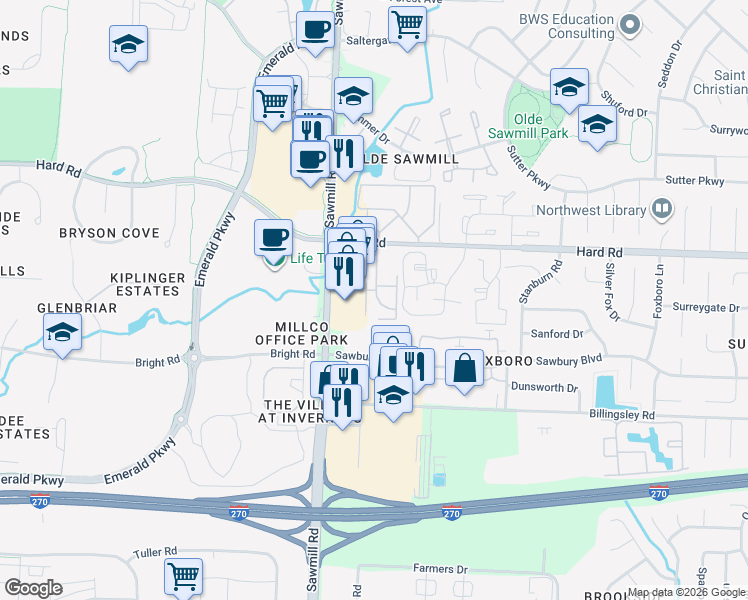 map of restaurants, bars, coffee shops, grocery stores, and more near 7866 Meadowhaven Boulevard in Columbus