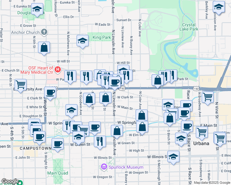 map of restaurants, bars, coffee shops, grocery stores, and more near 901 West University Avenue in Urbana