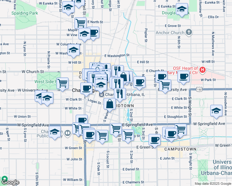 map of restaurants, bars, coffee shops, grocery stores, and more near 115 S 1st St in Champaign