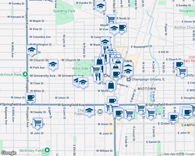 map of restaurants, bars, coffee shops, grocery stores, and more near 211 West University Avenue in Champaign